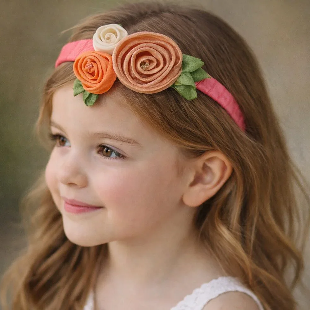 NEW Stunning Handmade Girls‎ Headband Coral Peach Ivory Silk Flowers